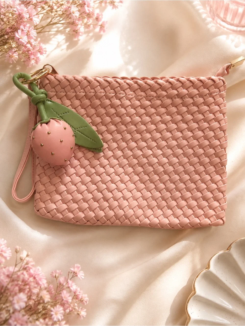 Strawberry Charm Woven Pink Wristlet Pouch